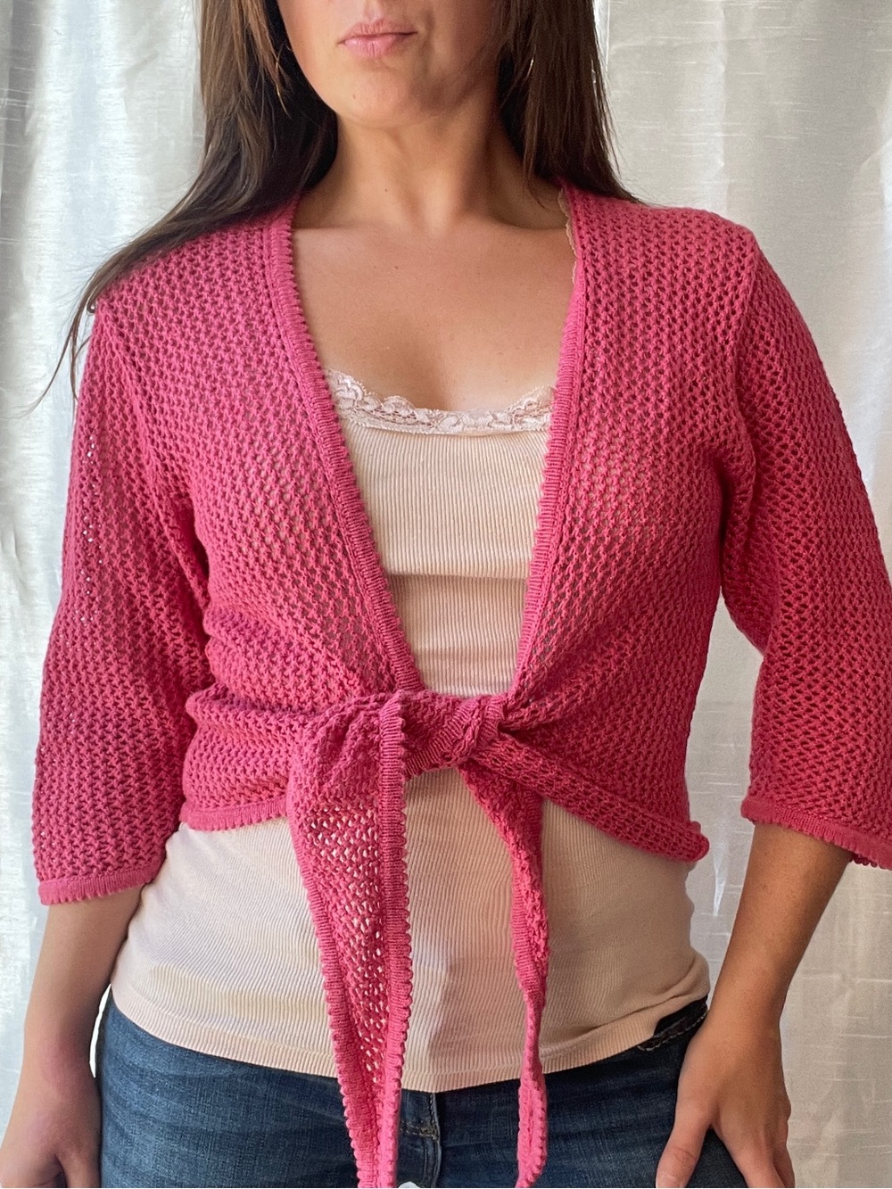 Crochet Knit Bolero Women’s Medium Pink Tie Front Boho Cottagecore Fairy Y2K